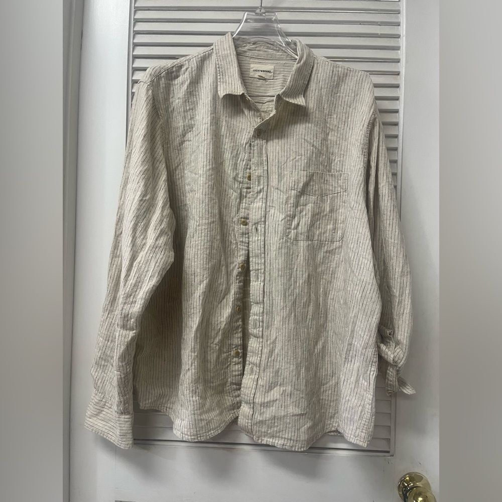 Lucky Brand ✨tan with Navy Pinstripe Button-Up Shirt✨XXL